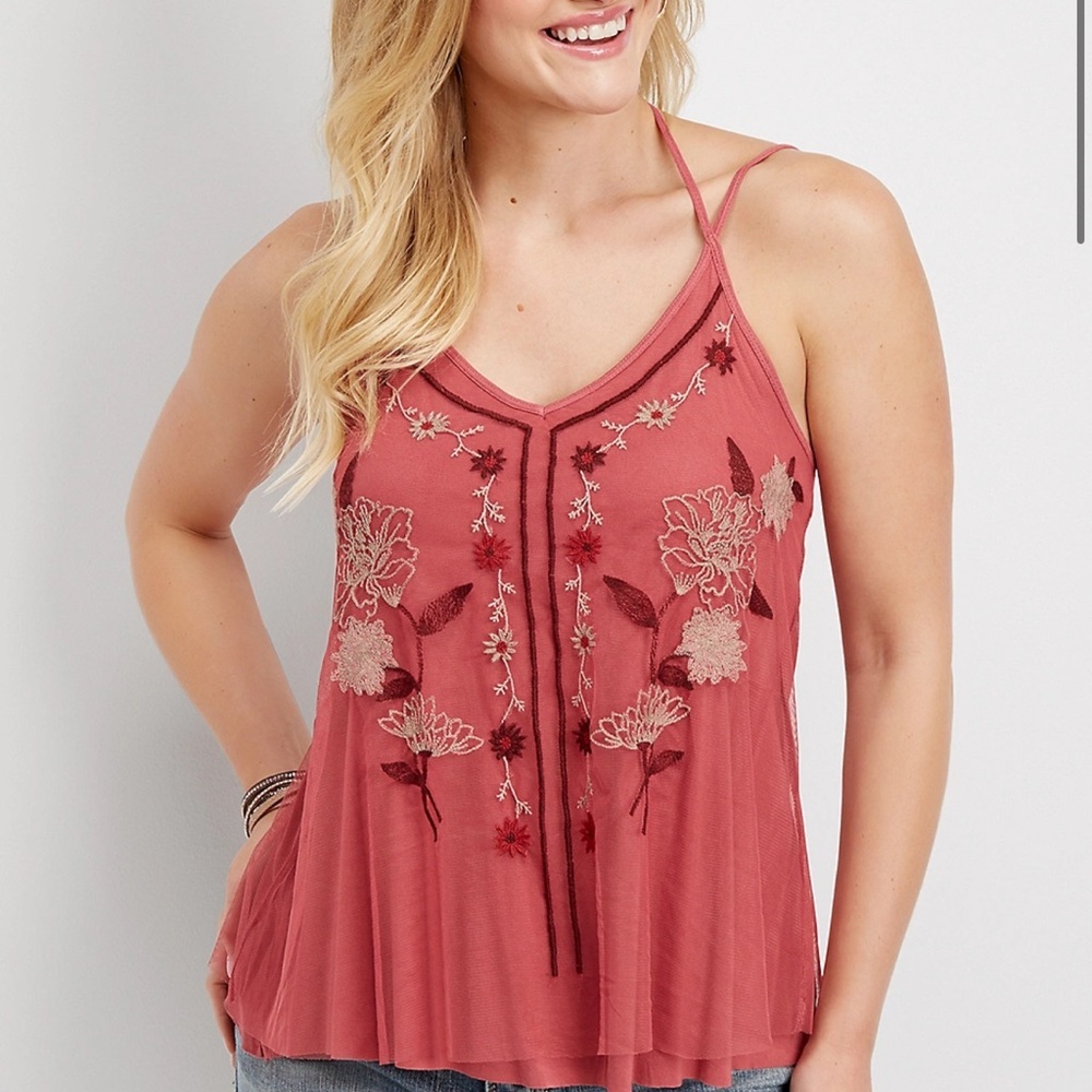 Maurices Embroidered Floral Babydoll Boho Strappy Flowy Mesh Y2K Tank
